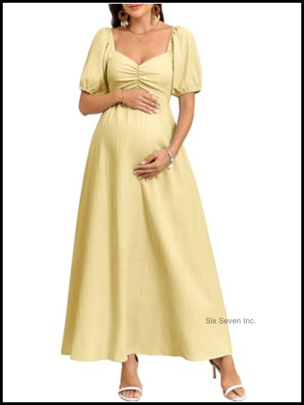 Maternity Photoshoot Dress Sweetheart Neck Puff Sleeve Pleated A Line Maxi Gown